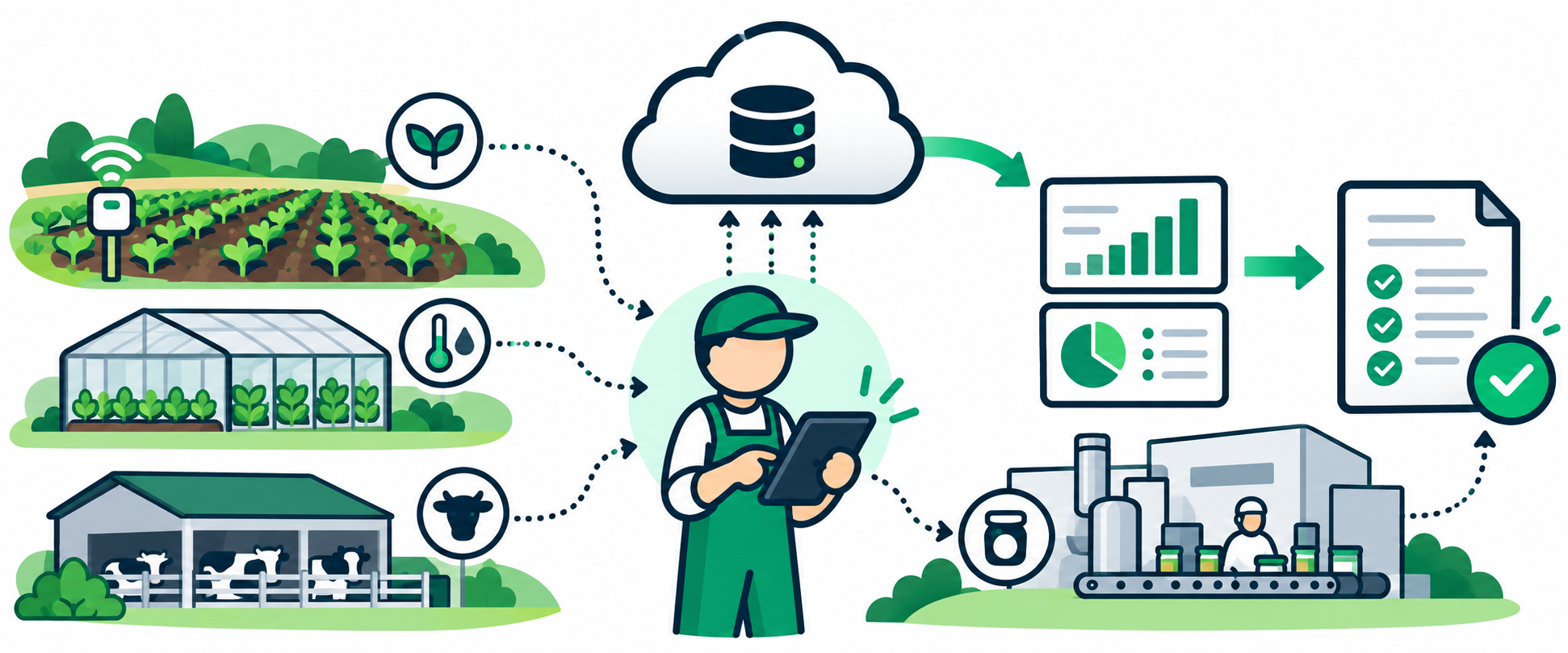 Ilustración de datos agrarios conectados con trazabilidad, industria y documentación