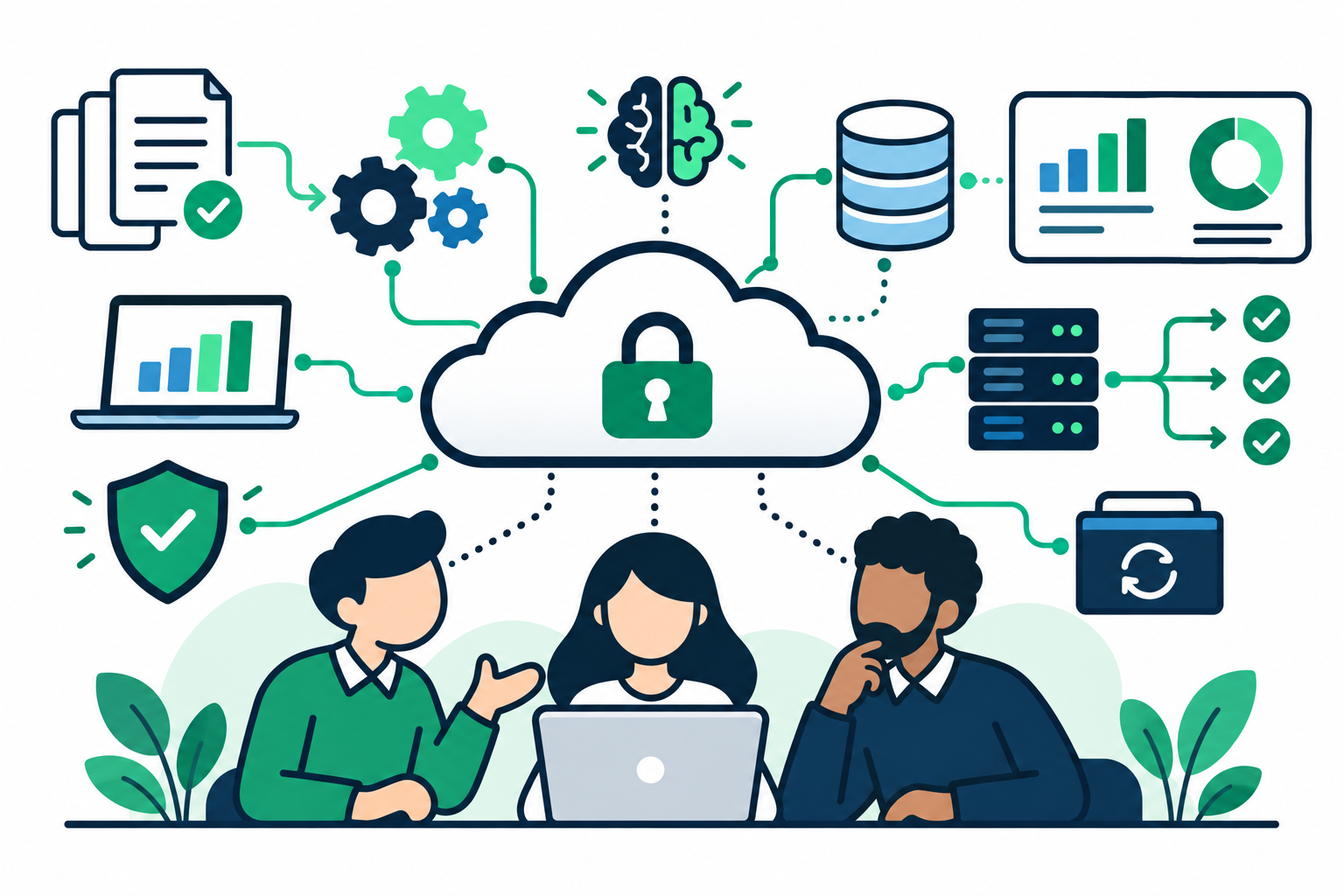 Ilustración de personas, aplicaciones, datos, automatización y seguridad conectados en la nube