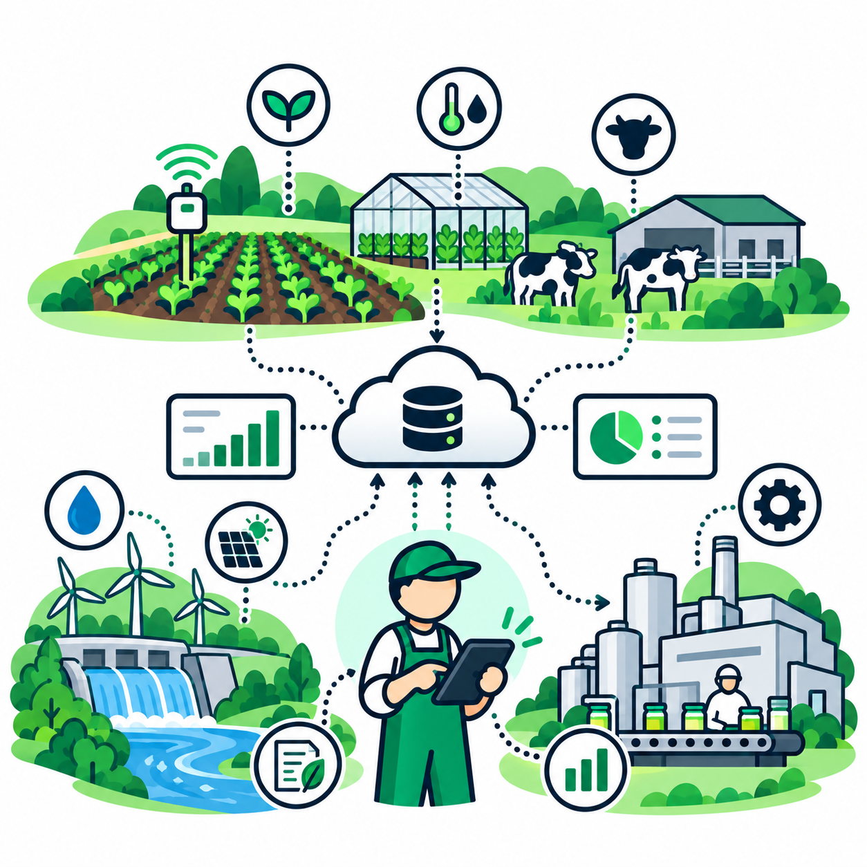 Ilustración de agricultura y ganadería, trabajo de ingeniería ambiental e instalaciones industriales
